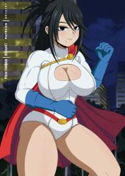 Rule 34 | 1girl, black hair, boku no hero academia, breasts, bryaxrt, cape, cleavage, cleavage cutout, cosplay, dc comics, gloves, highres, leotard, power girl, power girl (cosplay), shimura nana, solo, thick thighs, thighs