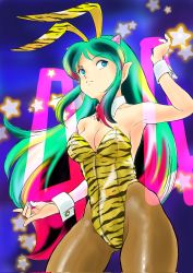 Rule 34 | 1girl, animal print, blue background, blue eyes, bow, bowtie, breasts, brown pantyhose, cleavage, cone horns, cowboy shot, green hair, highres, horns, leotard, long hair, looking up, lum, medium breasts, pantyhose, pointy ears, red bow, red bowtie, solo, standing, star (symbol), starry background, strapless, strapless leotard, tiger print, urusei yatsura, yellow leotard, yunarisa haruka