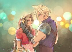 Rule 34 | 1boy, 1girl, aerith gainsborough, armor, bandaged arm, bandages, basket, belt, black gloves, blonde hair, blue eyes, blue shirt, blurry, blurry background, braid, braided ponytail, brown belt, brown hair, cloud strife, cropped jacket, dress, earrings, final fantasy, final fantasy vii, flower, flower basket, gloves, green eyes, hair between eyes, hair flower, hair ornament, hair ribbon, hand in another&#039;s hair, holding, holding basket, jacket, jewelry, lily (flower), long hair, looking at another, materia, papermint tea, parted bangs, parted lips, pink dress, pink ribbon, puffy short sleeves, puffy sleeves, red jacket, red lips, ribbon, shirt, short hair, short sleeves, shoulder armor, sidelocks, single bare shoulder, single braid, single earring, single shoulder pad, sleeveless, sleeveless turtleneck, smile, spiked hair, suspenders, turtleneck, upper body, wavy hair, yellow flower