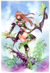 Rule 34 | 1girl, absurdres, armor, ass, bikini armor, blush, boots, bow (weapon), breasts, brown hair, cleavage, cloud, day, flower, green eyes, green footwear, high heels, highres, large breasts, lily (flower), lipstick, long hair, looking back, makeup, midriff, mu online, nature, no panties, non-web source, outdoors, scan, shoes, sky, smile, solo, standing, standing on one leg, thighhighs, turtleneck, weapon, wild flower, yamashita shun&#039;ya