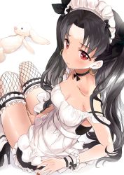 Rule 34 | 1girl, absurdres, alternate costume, between legs, black hair, blush, bow, choker, collarbone, doll, earrings, enmaided, fate/grand order, fate/stay night, fate (series), fishnet thighhighs, fishnets, frills, hair bow, hand between legs, high heels, highres, jewelry, looking back, maid, maid headdress, nail polish, off shoulder, pout, rabbit, red eyes, saya (mychristian2), sitting, thighhighs, tohsaka rin, twintails