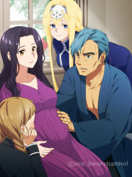Rule 34 | 1boy, 3girls, absurdres, aco (bearchannel), alice zuberg, asymmetrical bangs, bent over, bercouli (sao), black hair, blonde hair, blue dress, blue eyes, blue hair, blue kimono, blurry, blurry background, breasts, brown eyes, closed mouth, collarbone, dress, earrings, fanatio synthesis two, hair intakes, hairband, hand on own cheek, hand on own face, highres, indoors, japanese clothes, jewelry, kimono, long hair, manly, medium breasts, multiple girls, open mouth, pregnant, purple dress, selka zuberg, smile, spoilers, sword art online, sword art online: alicization, twitter username, very long hair, watermark, white hairband