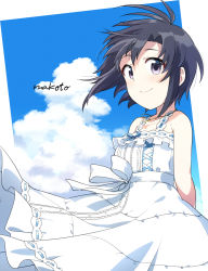 Rule 34 | 1girl, arms behind back, bare shoulders, black hair, blue sky, blush, character name, closed mouth, cloud, day, dress, highres, idolmaster, idolmaster (classic), jewelry, kikuchi makoto, looking at viewer, necklace, outdoors, purple eyes, short hair, sky, sleeveless, smile, solo, tahara emu, upper body, white dress