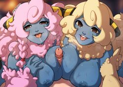 Rule 34 | 1boy, 2girls, alternate color, artist name, bisexual female, black skin, blonde hair, braid, breasts, brown eyes, colored skin, commentary, cooperative paizuri, creatures (company), drooling, english commentary, ffm threesome, fluffy, furry, game freak, gen 2 pokemon, group sex, hetero, highres, horns, kinkymation, large breasts, long hair, looking at viewer, mareep, mole, mole under eye, multiple girls, neck fur, nintendo, nipples, nude, paizuri, penis, personification, pink hair, pokemon, pov, sheep girl, shiny and normal, shiny pokemon, side braid, sweat, teeth, threesome, tongue, tongue out, upper teeth only