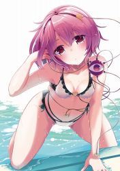 Rule 34 | 1girl, all fours, amisu, bikini, blush, breasts, cleavage, eyeball, hairband, komeiji satori, leaning forward, looking at viewer, pink hair, red eyes, short hair, simple background, small breasts, solo, spread legs, swimsuit, third eye, touhou, wet