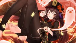 Rule 34 | 1girl, bead bracelet, beads, boo tao (genshin impact), bracelet, brown hair, chinese clothes, feet, genshin impact, ghost, ghost tail, highres, hu tao (genshin impact), jewelry, long sleeves, looking at viewer, red eyes, smile, soles, symbol-shaped pupils, tail, tail grab, toeless legwear, toes, twintails, zayn3548