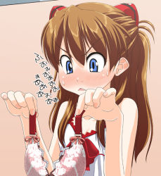 Rule 34 | 1girl, :&lt;, blue eyes, blush, bra, brown hair, camisole, chemise, clothes in front, embarrassed, evangelion: 2.0 you can (not) advance, female focus, kurowashi, lingerie, long hair, neon genesis evangelion, rebuild of evangelion, solo, souryuu asuka langley, sweat, underwear, white chemise