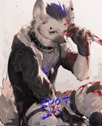 Rule 34 | 1boy, arknights, blood, blood on face, cowboy shot, dog tags, fingerless gloves, fur, furry, furry male, gloves, highres, hyena boy, hyena ears, hyena tail, infection monitor (arknights), jacket, knife, male focus, material growth, oripathy lesion (arknights), p7ywirzyw8lesuc, sitting, smile, solo, spot (arknights)