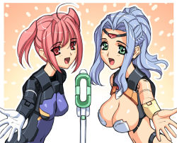 Rule 34 | 10s, 2girls, blue hair, breasts, busou shinki, cleavage, doll joints, eukrante, green eyes, ianeira, joints, large breasts, long hair, magaki ryouta, microphone, microphone stand, multiple girls, red eyes, red hair