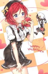 Rule 34 | 10s, 2girls, arms behind back, bad id, bad twitter id, beret, black hair, blue eyes, blush, box, checkered background, chocolate, detached wings, gift, gift box, happy valentine, hat, heart, heart-shaped box, high heels, holding, holding gift, long sleeves, looking at another, love live!, love live! school idol festival, love live! school idol project, mini person, minigirl, multiple girls, neck ribbon, nishikino maki, puffy sleeves, red eyes, red hair, ribbon, shirt, shoes, short sleeves, skirt, twintails, valentine, white wings, wing collar, wings, yazawa nico, yuran