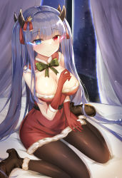 Rule 34 | 1girl, azur lane, bare shoulders, bed sheet, black footwear, black pantyhose, blue eyes, blue hair, boots, bow, breasts, christmas, cleavage, closed mouth, commentary request, curtains, dress, elbow gloves, fur-trimmed boots, fur-trimmed dress, fur-trimmed gloves, fur trim, gloves, green bow, habu rin, hair ornament, heterochromia, high heel boots, high heels, highres, horns, ibuki (azur lane), long hair, looking at viewer, medium breasts, night, pantyhose, red dress, red eyes, red gloves, smile, solo, star (symbol), star hair ornament, strapless, strapless dress, twintails, very long hair, window