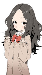 Rule 34 | 1girl, absurdres, black hair, blush, bow, bowtie, brown cardigan, brown eyes, cardigan, closed mouth, collared shirt, commentary request, forehead, hair ornament, hairclip, highres, long hair, long sleeves, looking at viewer, original, red bow, red bowtie, school uniform, shirt, simple background, sleeves past wrists, smile, solo, white background, white shirt, yamamoto souichirou