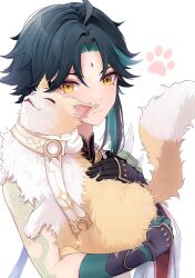 Rule 34 | 1boy, aether (genshin impact), animalization, arm tattoo, bead necklace, beads, black hair, cat, closed mouth, facial mark, genshin impact, gloves, green gloves, green hair, highres, jewelry, male focus, multicolored hair, necklace, nm (u ci2), tattoo, xiao (genshin impact), yellow eyes, yellow fur