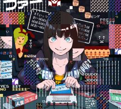 Rule 34 | &gt; o, 1girl, animal ears, blue eyes, box, brown hair, rabbit ears, cartridge, clothes writing, coin, collarbone, commentary request, copyright request, english text, evil smile, fake animal ears, famicom, female focus, game console, glitch, green hair, heart, hood, hoodie, key, lipstick, long hair, long sleeves, looking at viewer, makeup, nintendo, one eye closed, original, parted lips, red lips, scanlines, skull, smile, solo, super famicom, upper body, yajirushi (chanoma)