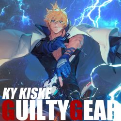 Rule 34 | 1boy, absurdres, arc system works, belt, blonde hair, blue eyes, closed mouth, copyright name, fingerless gloves, from above, gloves, guilty gear, guilty gear strive, hichi, highres, holding, holding weapon, jacket, jacket on shoulders, ky kiske, lightning, lightning bolt symbol, looking at viewer, male focus, muscular, night, night sky, short hair, sky, solo, star (sky), sword, weapon, white jacket