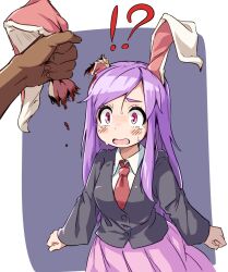 Rule 34 | !?, 1girl, 1other, animal ears, berazasu, black jacket, blazer, blood, blush, collared shirt, commentary request, cookie (touhou), cowboy shot, grey background, hisui (cookie), holding ear, jacket, long hair, long sleeves, medium bangs, open mouth, pink eyes, pink skirt, pleated skirt, purple eyes, purple hair, rabbit ears, rabbit girl, reisen udongein inaba, ryona, severed ear, shirt, skirt, solo focus, swept bangs, touhou, two-tone background, very long hair, white background, white shirt