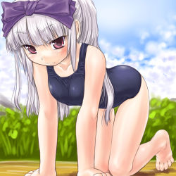 Rule 34 | 1girl, 3.1-tan, all fours, barefoot, blush, bow, dd (ijigendd), hair bow, long hair, one-piece swimsuit, os-tan, red eyes, school swimsuit, silver hair, solo, swimsuit