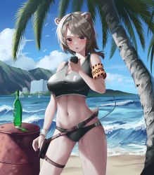 Rule 34 | 1girl, absinthe (arknights), absurdres, animal ears, arknights, armband, bare arms, bare shoulders, beach, bear ears, blue sky, bottle, breasts, chun bae, cloud, commentary request, cowboy shot, day, grey hair, hand up, highres, holding, large breasts, looking at viewer, navel, ocean, outdoors, palm tree, parted lips, red eyes, short hair, sky, solo, sports bra, standing, stomach, thigh strap, thighs, tree, water, wristband
