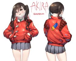 Rule 34 | 1girl, akira (manga), brown eyes, brown hair, character name, commentary request, cosplay, cowboy shot, crossover, eyes visible through hair, green neckwear, grey skirt, hair between eyes, hands in pockets, idolmaster, idolmaster cinderella girls, jacket, kaneda shoutarou (akira), kaneda shoutarou (cosplay), looking at viewer, looking back, mask, messy hair, microskirt, miniskirt, mole, mole under eye, mouth mask, multiple views, name connection, pleated skirt, red jacket, simple background, skirt, standing, sunazuka akira, twintails, urrrt, white background