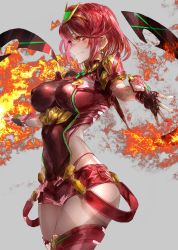 Rule 34 | 1girl, armor, blush, breasts, closed mouth, covered erect nipples, covered navel, earrings, fingerless gloves, fire, from side, gloves, grey background, hair between eyes, headpiece, highres, jewelry, large breasts, nintendo, outstretched arms, pyra (xenoblade), red eyes, red hair, red shorts, short hair, shorts, shoulder armor, signo aaa, smile, swept bangs, thighhighs, thighs, tiara, xenoblade chronicles (series), xenoblade chronicles 2