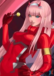 Rule 34 | 10s, aqua eyes, blush, bodysuit, candy, darling in the franxx, eyeshadow, food, hairband, hand on own hip, highres, holding, holding candy, holding food, horns, kouichi09, lollipop, makeup, pilot suit, pink hair, red bodysuit, skin tight, smile, solo, straight hair, white hairband, zero two (darling in the franxx)