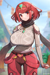 Rule 34 | 1girl, absurdres, alternate costume, bare shoulders, blush, breasts, closed mouth, clothing cutout, cowboy shot, earrings, gluteal fold, gonzarez, grey sweater, highres, impossible clothes, impossible sweater, jewelry, large breasts, long sleeves, looking at viewer, necklace, pants, pyra (xenoblade), red eyes, red hair, red pants, short hair, shoulder cutout, sleeves past wrists, smile, solo, sweater, swept bangs, tiara, tight clothes, tight pants, twitter username, xenoblade chronicles (series), xenoblade chronicles 2