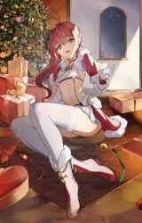 Rule 34 | 1girl, absurdres, antenna hair, azur lane, bailey (azur lane), bailey (jolly saint bunnylass!) (azur lane), bow, box, capelet, choker, christmas, christmas tree, crop top, elbow gloves, fang, flantia, fur-trimmed capelet, fur trim, gift, gift box, gloves, green bow, hair between eyes, hair bow, high heels, highres, indoors, midriff, navel, official alternate costume, open mouth, pleated skirt, red capelet, red choker, red eyes, red footwear, red hair, side ponytail, sitting, skin fang, skirt, smile, solo, stomach, thighhighs, white gloves, white skirt, white thighhighs