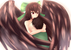 Rule 34 | 1boy, 1girl, between breasts, blouse, bow, breast smother, breasts, brown hair, clothed male nude female, face to breasts, green shirt, hair bow, head between breasts, hetero, hug, jogie (artist), large breasts, long hair, nude, red eyes, reiuji utsuho, shirt, source request, touhou, wings