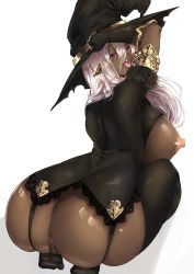 Rule 34 | 1girl, :p, anal hair, anus, arched back, arm up, ass, black gloves, black thighhighs, breasts, dark-skinned female, dark elf, dark skin, elf, female pubic hair, gloves, hat, huge ass, huge breasts, long hair, looking at viewer, looking back, naughty face, original, pointy ears, pubic hair, pussy, raycat, red eyes, seiza, silver hair, sitting, solo, thighhighs, tongue, tongue out, uncensored, witch hat