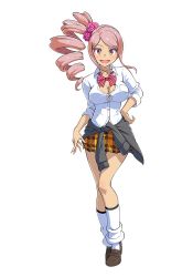 Rule 34 | 1girl, bow, breasts, cleavage, clothes around waist, collared shirt, dark skin, drill hair, flower, full body, large breasts, loafers, long sleeves, looking at viewer, loose socks, magicami, official art, open mouth, orange eyes, pink hair, ponytail, rose, school uniform, shirt, shoes, sidelocks, sleeves rolled up, smile, socks, transparent background, white shirt, white socks, yarimizu lilly