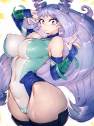 Rule 34 | 1girl, adapted costume, arm up, blue eyes, blue gloves, bodysuit, boku no hero academia, breasts, cameltoe, covered erect nipples, covered navel, drill hair, fingerless gloves, fumio (rsqkr), gloves, hadou nejire, hair horns, hand on own hip, highres, impossible bodysuit, impossible clothes, large breasts, leotard, light purple hair, long hair, looking at viewer, low-tied long hair, multicolored bodysuit, multicolored clothes, pouch, skin tight, solo, standing, superhero costume, thick thighs, thigh pouch, thighs, twin drills, very long hair, white background, wide hips