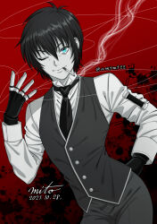 Rule 34 | 1boy, artist name, blue eyes, cigarette, commentary, contrapposto, dated, fingerless gloves, gloves, greyscale with colored background, hair between eyes, hellsing, hellsing: the dawn, highres, male focus, mito amatsu, necktie, one eye closed, red background, signature, smoke, smoking, solo, splatter, spot color, twitter username, upper body, vest, walter c. dornez