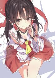 Rule 34 | 1girl, ascot, bare shoulders, between legs, black hair, bracelet, breasts, brown eyes, cleavage, closed mouth, detached sleeves, eyes visible through hair, feet out of frame, frilled hair tubes, frilled shirt collar, frills, from above, hair between eyes, hair ribbon, hair tubes, hakurei reimu, half updo, hand between legs, hand on own cheek, hand on own face, hand up, hatching (texture), jewelry, kojiki-life, linear hatching, long hair, long sleeves, looking at viewer, looking to the side, looking up, medium breasts, miniskirt, necklace, petticoat, red ribbon, red skirt, ribbon, ribbon-trimmed sleeves, ribbon trim, shade, sidelocks, sitting, sketch, skirt, skirt set, smile, solo, straight hair, touhou, white background, white sleeves, wide sleeves, yellow ascot