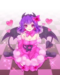 Rule 34 | 1girl, avarita (otoca d&#039;or), avarita (otoca doll), bad id, bad pixiv id, bat wings, black bow, boots, bow, breasts, bridal gauntlets, checkered floor, cleavage, demon tail, detached collar, earrings, full body, hair ornament, hairband, heart, heart-shaped pupils, heart earrings, heart hair ornament, horn bow, horn ornament, horns, jewelry, kneeling, mitsuyaama, nail polish, otoca d&#039;or, pink bow, pink eyes, pink footwear, pink skirt, platform footwear, purple hair, red nails, short hair, skirt, smile, solo, sparkle, symbol-shaped pupils, tail, thigh boots, thighhighs, waist bow, wings