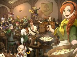 Rule 34 | 4girls, 6+boys, 90n pacos, annette (pixiv fantasia last saga), artist name, barrel, beer mug, black gloves, bottle, bow, bowl, bread, brown cape, brown footwear, brown gloves, brown hair, cape, character request, clenched hand, cloak, comet lulu, commentary, cup, dancing, darren (pixiv fantasia last saga), door, drinking, eating, elliot (pixiv fantasia last saga), food, gloves, green bow, green headwear, hair bow, hat, headband, highres, hood, hood down, indoors, instrument, lantern, long hair, mouse, mug, multiple boys, multiple girls, music, pink headwear, pitcher (container), pixiv fantasia, pixiv fantasia last saga, playing instrument, red headwear, scarf, shinonome shiden, short hair, sitting, spoon, stew, table, theo (pixiv fantasia last saga), tunic, white hair, wine bottle, yellow scarf