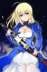 Rule 34 | 1girl, absurdres, ahoge, artoria pendragon (all), artoria pendragon (fate), blonde hair, blue eyes, breasts, cleavage, cowboy shot, dress, fate/stay night, fate (series), hair between eyes, head tilt, highres, holding, holding sword, holding weapon, long hair, looking at viewer, medium breasts, saber (fate), see-through, sheath, shiny skin, smile, solo, sword, tate (donnguriumai), unsheathing, weapon