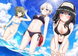 Rule 34 | 3girls, anastasia (idolmaster), aqua eyes, ball, bare arms, bare shoulders, beachball, bent over, bikini, black bikini, blue bikini, blue eyes, blue sky, blush, breasts, choker, cleavage, collarbone, commentary request, day, front-tie top, gluteal fold, go-1, green eyes, green hair, hairband, halterneck, heterochromia, highres, idolmaster, idolmaster cinderella girls, idolmaster cinderella girls starlight stage, large breasts, light particles, lips, long hair, looking at viewer, looking to the side, medium breasts, midriff, mole, mole under eye, multiple girls, outdoors, parted lips, pouty lips, sagisawa fumika, short hair, side-tie bikini bottom, silver hair, sky, standing, stomach, sun, sunlight, swimsuit, takagaki kaede, thighs, wading, white choker