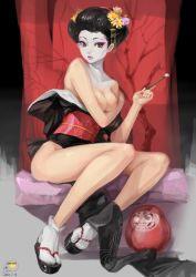 Rule 34 | 1girl, absurdres, bare shoulders, black hair, breast hold, breasts, breasts out, brown eyes, clothes down, cushion, daruma doll, dated, flower, full body, geisha, hair flower, hair ornament, highres, japanese clothes, kanzashi, legs, light frown, lipstick, looking at viewer, makeup, makeup brush, mascara, medium breasts, nihongami, nipples, okobo, original, pelvic curtain, pink lips, sandals, sash, sitting, solo, steamed egg, tabi