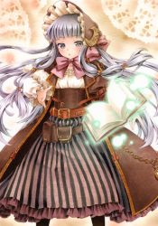 Rule 34 | 1girl, adapted costume, alternate costume, bad id, bad pixiv id, belt, bonnet, book, bow, chain, coat, corset, crescent, funnyfunny, glowing, grey eyes, grey hair, hair ornament, hat, long hair, long sleeves, looking at viewer, marker (medium), open book, open clothes, open coat, pantyhose, patchouli knowledge, shirt, skirt, solo, steampunk, striped clothes, striped skirt, touhou, traditional media, very long hair, wind