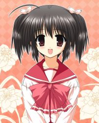 Rule 34 | 00s, 1girl, :d, blush, brown hair, floral background, long sleeves, looking at viewer, open mouth, red eyes, sailor collar, school uniform, serafuku, simple background, smile, solo, to heart (series), to heart 2, v arms, waiai, yuzuhara konomi