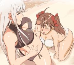Rule 34 | 00s, 2girls, alicia melchiott, ass, bikini, breasts, cum, cum on hair, facial, fat, frown, futa with female, futanari, grey hair, happy, huge ass, kneeling, large breasts, long hair, marnic, multiple girls, penis, penis on face, sagging breasts, selvaria bles, senjou no valkyria, senjou no valkyria (series), senjou no valkyria 1, shore, smile, swimsuit, thick thighs, thighs, uncensored, wide hips