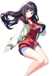 Rule 34 | 1girl, :o, black hair, blue shorts, boku no kokoro no yabai yatsu, breasts, brown eyes, collarbone, commentary request, dolphin shorts, feet out of frame, floating hair, hand up, highres, hood, hood down, hoodie, jacket, long hair, long sleeves, looking at viewer, medium breasts, open clothes, open jacket, parted lips, puffy long sleeves, puffy sleeves, red hoodie, ririko (zhuoyandesailaer), short shorts, shorts, simple background, sleeves past wrists, solo, very long hair, white background, white jacket, yamada anna