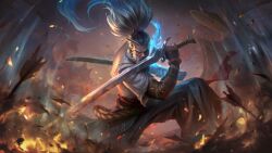 Rule 34 | 1boy, absurdres, bandaged arm, bandages, beard, bow (weapon), cloud, facial hair, fire, foreseen yasuo, highres, holding, holding sword, holding weapon, incoming attack, league of legends, long hair, looking to the side, male focus, mustache, night, official alternate costume, official art, ponytail, serious, solo, sword, v-shaped eyebrows, weapon, white hair, wind, yasuo (league of legends)