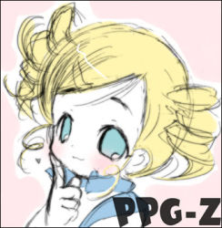 Rule 34 | 00s, 1girl, artist request, blue eyes, blush, bubble, drill hair, finger to cheek, goutokuji miyako, index finger raised, looking at viewer, lowres, pink background, portrait, powerpuff girls, powerpuff girls z, rolling bubbles, short hair, simple background, smile, solo, text focus, twin drills, twintails, upper body