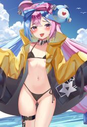 Rule 34 | 1girl, bikini, black bikini, blue hair, blush, character hair ornament, cleft of venus, cloud, collarbone, commentary request, creatures (company), day, game freak, hair ornament, highres, iono (pokemon), jacket, multicolored hair, nintendo, open clothes, open jacket, open mouth, outdoors, pink hair, pokemon, pokemon sv, purple eyes, pussy juice, raised eyebrows, sakutaishi, sharp teeth, sky, sleeves past fingers, sleeves past wrists, solo, star (symbol), star print, swimsuit, teeth, thigh strap, tongue, tongue out, two-tone hair, upper teeth only, yellow jacket