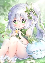 Rule 34 | + +, 1girl, :o, absurdres, blush, character request, chiika (cure cherish), commentary, commentary request, detached sleeves, dress, fungi (genshin impact), genshin impact, green dress, green eyes, green hair, hair ornament, highres, holding, knees up, leaf, leaf hair ornament, long hair, looking at viewer, multicolored hair, nahida (genshin impact), parted lips, partial commentary, pointy ears, side ponytail, sidelocks, sitting, sleeveless, sleeveless dress, slime (genshin impact), solo, two-tone hair, white footwear, white hair