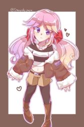 Rule 34 | alternate costume, alternate hairstyle, boots, coat, pink hair, purple eyes, saiko (smg4), shirt, short, smg4, striped clothes, striped shirt, thighhighs, twintails