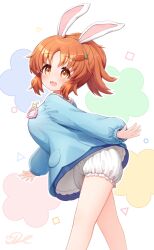 Rule 34 | 1girl, abe nana, aged down, animal ears, arms at sides, bloomers, blue skirt, breasts, carrot hair ornament, feet out of frame, food-themed hair ornament, hair ornament, highres, idolmaster, idolmaster cinderella girls, j2l, kindergarten uniform, large breasts, leaning forward, long sleeves, medium hair, name tag, one eye closed, oppai loli, own hands clasped, own hands together, ponytail, rabbit ears, skirt, smock, solo, underwear
