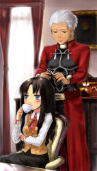 Rule 34 | 00s, 1boy, 1girl, adjusting hair, archer (fate), black skirt, blue eyes, blush, brown hair, chair, coat, cup, curtains, cutting hair, dark-skinned male, dark skin, drinking, fate/stay night, fate (series), holding, holding scissors, indoors, long hair, long sleeves, negy, scissors, shelf, shirt, silver hair, simple background, skirt, standing, sweater vest, table, teacup, tohsaka rin, tying hair, white shirt, window
