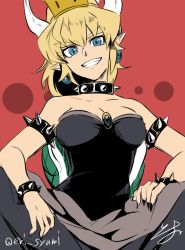 Rule 34 | 1girl, :d, bare shoulders, black dress, black nails, blonde hair, blue eyes, bowsette, bracelet, breasts, cleavage, collar, crown, dress, earrings, fingernails, head tilt, horns, isuka, jewelry, large breasts, looking at viewer, mario (series), nail polish, nintendo, open mouth, pointy ears, red background, sitting, smile, solo, spiked bracelet, spiked collar, spikes, strapless, strapless dress, super crown, twitter username
